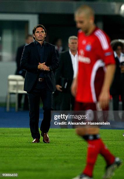 Bruno Labbadia, head coach of Hamburg looks dejected after the Europa League match between SK Rapid Wien and Hamburger SV at the Ernst-Happel-Stadion...