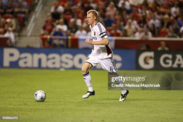 Nat Borchers of Real Salt Lake kicks the ball against the Chicago Fire at Rio Tinto Stadium on September 12, 2009 in Sandy, Utah.