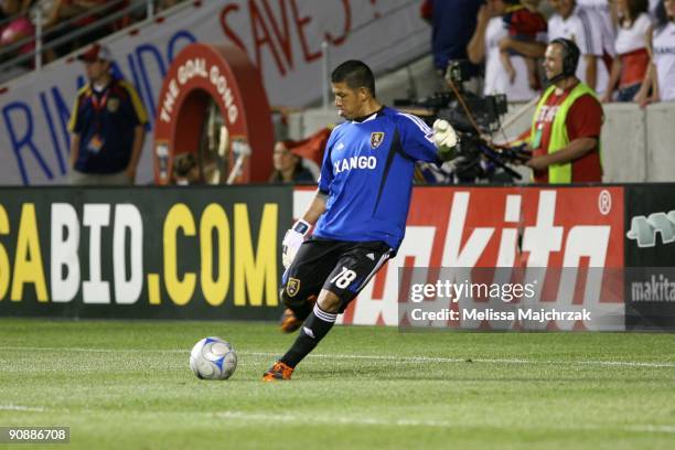 Nick Rimando of Real Salt Lake kicks the ball out against the Chicago Fire at Rio Tinto Stadium on September 12, 2009 in Sandy, Utah.