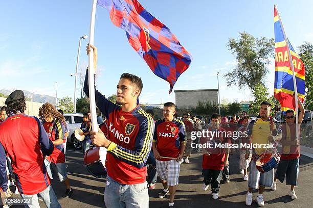 Fans of Real Salt Lake march to the stadium to watch the game against the Chicago Fire at Rio Tinto Stadium on September 12, 2009 in Sandy, Utah.