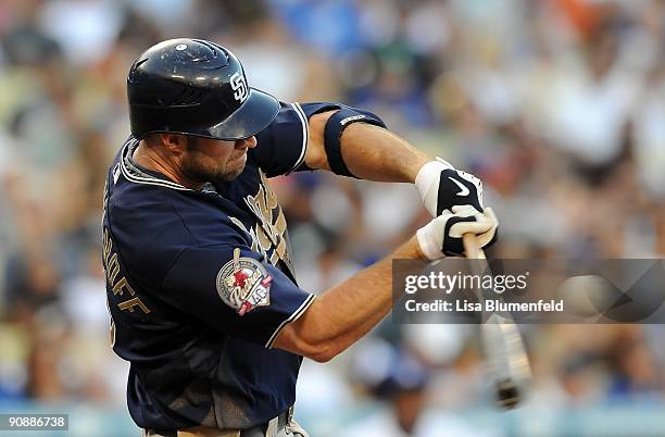 Kevin Kouzmanoff of the San Diego Padres at bat against the Los Angeles Dodgers at Dodger Stadium on September 6, 2009 in Los Angeles, California.