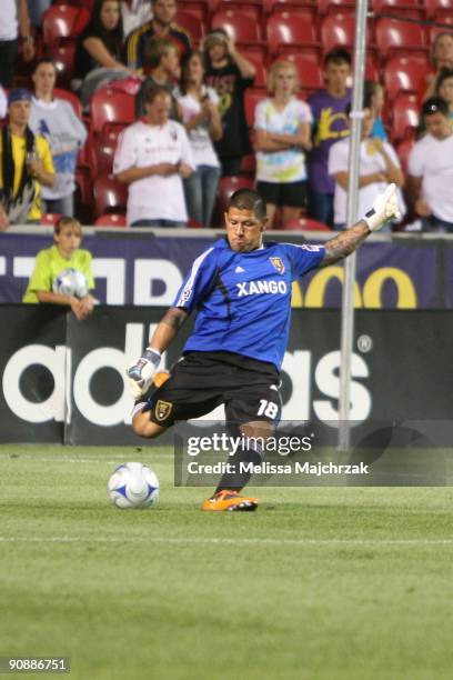 Nick Rimando of Real Salt Lake kicks the ball out against the Chicago Fire at Rio Tinto Stadium on September 12, 2009 in Sandy, Utah.