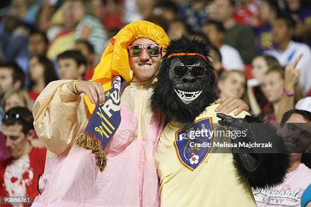 Fans of Real Salt Lake watch the game against the Chicago Fire at Rio Tinto Stadium on September 12, 2009 in Sandy, Utah.
