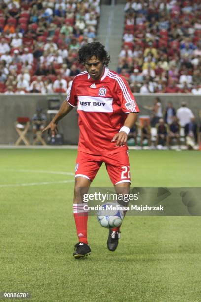 Wilman Conde of Chicago Fire juggles the ball during the game against the Real Salt Lake at Rio Tinto Stadium on September 12, 2009 in Sandy, Utah.