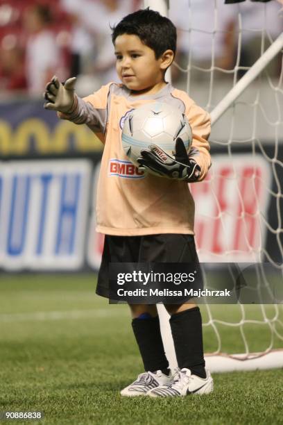 Young male soccer player plays on the field during the half of Real Salt Lake vs the Chicago Fire at Rio Tinto Stadium on September 12, 2009 in...