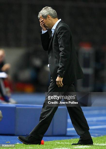 Head coach of Berlin Lucien Favre looks disappointed after the UEFA Europa League Group D match between Hertha BSC Berlin and FK Ventspils at the...