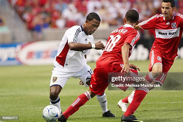 Robbie Findley of Real Salt Lake controls the ball against Mike Banner of Chicago Fire at Rio Tinto Stadium on September 12, 2009 in Sandy, Utah.