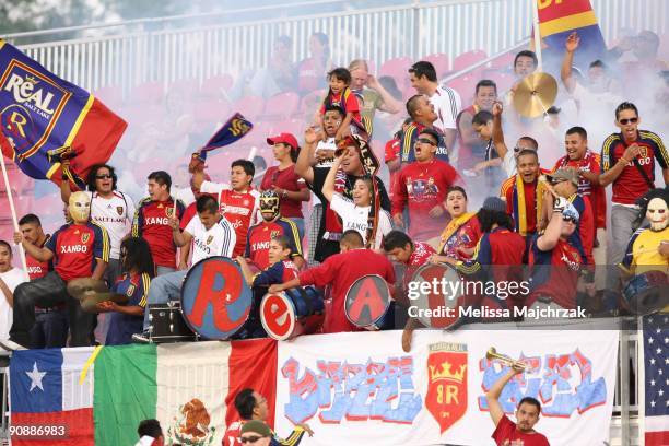 Fans of the Real Salt Lake cheer during the game against the Chicago Fire at Rio Tinto Stadium on September 12, 2009 in Sandy, Utah.