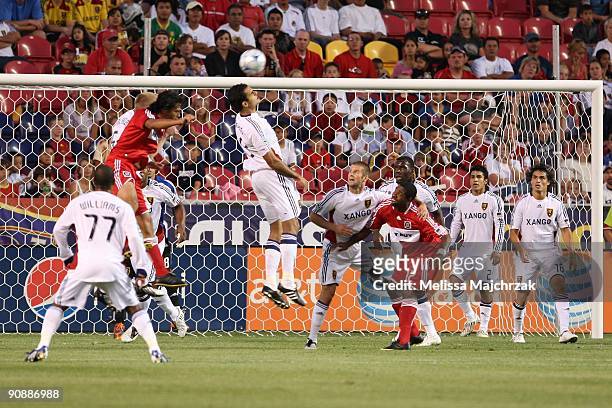 Pablos Campos of Real Salt Lake goes up for the ball during the game against the Chicago Fire at Rio Tinto Stadium on September 12, 2009 in Sandy,...