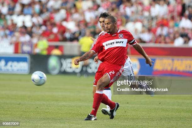 Brown of Chicago FIre goes after the ball against Fabian Espindola of Real Salt Lake at Rio Tinto Stadium on September 12, 2009 in Sandy, Utah.