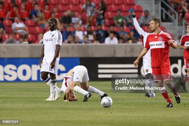 Will Johnson of Real Salt Lake goes down during a play against the Chicago Fire at Rio Tinto Stadium on September 12, 2009 in Sandy, Utah.