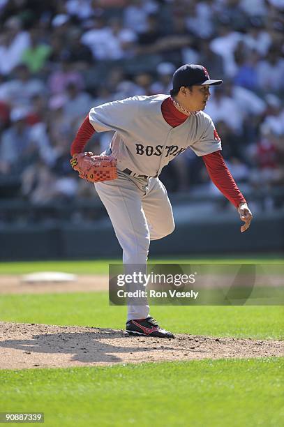 Hideki Okajima of the Boston Red Sox pitches against the Chicago White Sox on September 7, 2009 at U.S. Cellular Field in Chicago, Illinois. The...