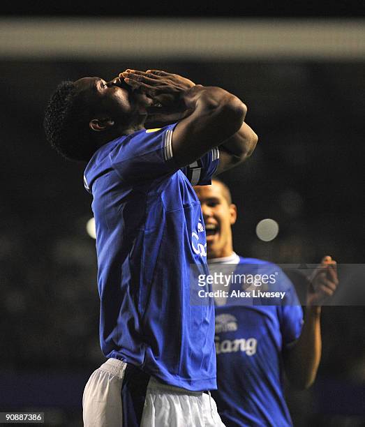Joseph Yobo of Everton celebrates with Jack Rodwell after scoring the opening goal during the UEFA Europa League Group I match between Everton and...