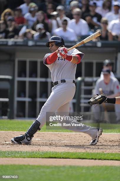 Victor Martinez of the Boston Red Sox bats against the Chicago White Sox on September 7, 2009 at U.S. Cellular Field in Chicago, Illinois. The White...