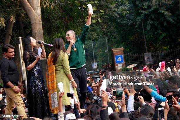 Bollywood actor Akshay Kumar at a Women Marathon, to raise a voice against the tax on sanitary napkins at Delhi University North Campus on January...