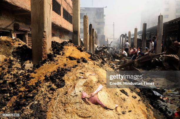 View of burnt food items due to fire at Gorabazar market located in Dum Dum area in North 24 Parganas district, on January 22, 2018 in Kolkata, India.