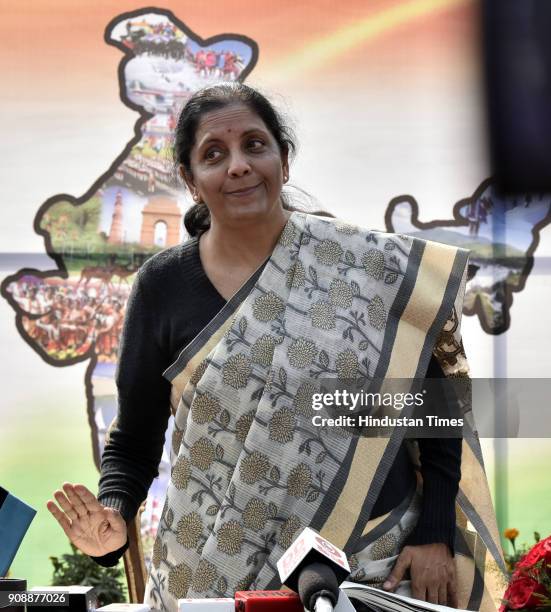 Union Defense Minister Nirmala Sitharaman addresses media person during her visit to the DG National Cadet Corps Republic Day Parade Camp 2018 at...