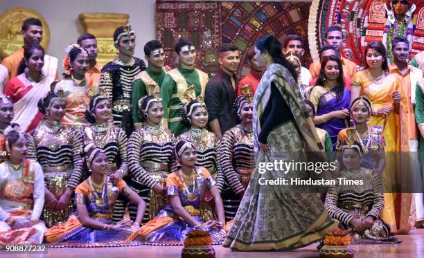 Union Defense Minister Nirmala Sitharaman meets with NCC Contingent during her visit to the DG National Cadet Corps Republic Day Parade Camp 2018 at...