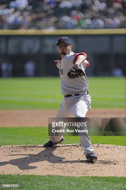 Josh Beckett of the Boston Red Sox pitches against the Chicago White Sox on September 7, 2009 at U.S. Cellular Field in Chicago, Illinois. The White...