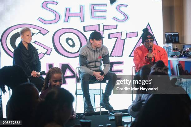 Tanya Lewis Lee, Anthony Ramos and Spike Lee speak during the "She's Gotta Have It" brunch sponsored by Netflix at Buona Vita on January 22, 2018 in...