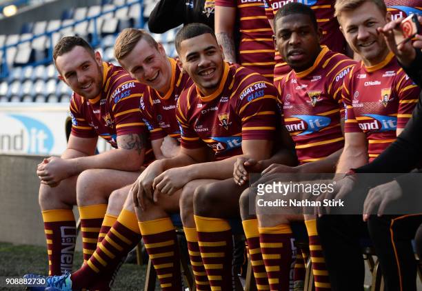 Huddersfield Giants players await for the team photograph during the Huddersfield Giants Media Day at John Smith's Stadium on January 22, 2018 in...