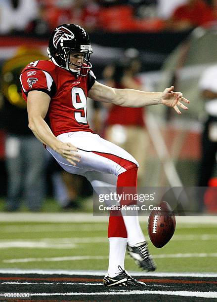 Punter Michael Koenen of the Atlanta Falcons against the Baltimore Raves at Georgia Dome on September 3, 2009 in Atlanta, Georgia.