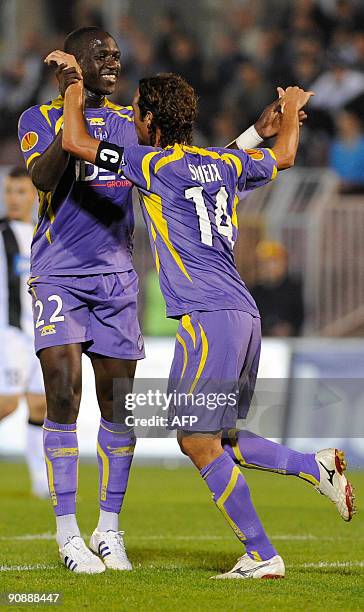 Pantxi Sirieix and Moussa Sissoko of Toulouse FC celebrate after scoring against Partizan Belgrade during their UEFA Europa League group J football...