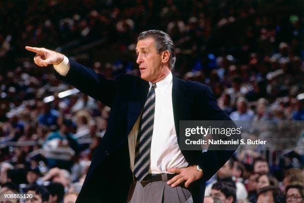 Head Coach Pat Riley of the Miami Heat points during a game played on January 26, 1997 at Madison Square Garden in New York City. NOTE TO USER: User...