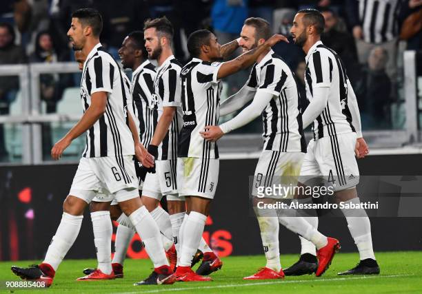 De Suoza Douglas Costa of Juventus celebrates after scoring the opening goal during the Serie A match between Juventus and Genoa CFC on January 22,...