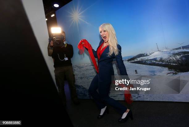 Elise Christie tries on her uniform during the Team GB Kitting Out Ahead Of Pyeongchang 2018 Winter Olympic Games on January 22, 2018 in Stockport,...