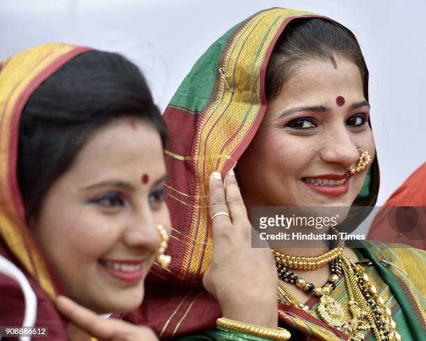 Tableaux artist from Maharashtra during a press preview of tableaux participating in Republic Day Parade 2018 at Rashtriya Rangshala Camp on January...