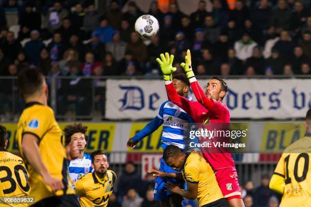 Terell Ondaan of PEC Zwolle, Fabian Sporkslede of NAC Breda, goalkeeper Mark Birighitti of NAC Breda during the Dutch Eredivisie match between PEC...