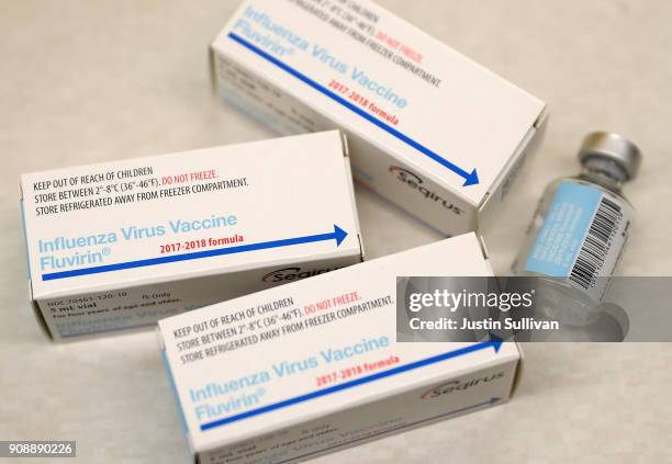 Vials of the Fluvirin influenza vaccine are displayed at a Walgreens phramacy on January 22, 2018 in San Francisco, California. A strong strain of...