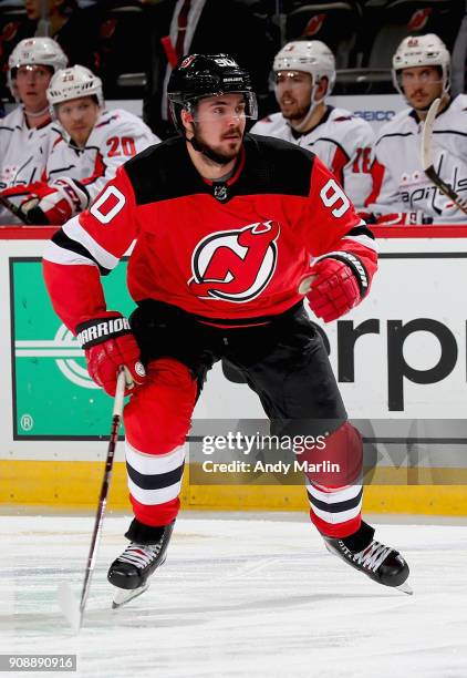 Marcus Johansson of the New Jersey Devils skates during the game against the Washington Capitals at Prudential Center on January 18, 2018 in Newark,...