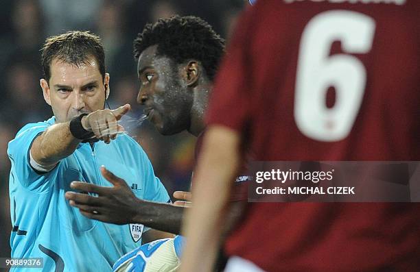 Bony Wilfried of Sparta Prague argues with referee Douglas McDonald of Scotland during the UEFA Europa League Group K football match between Sparta...