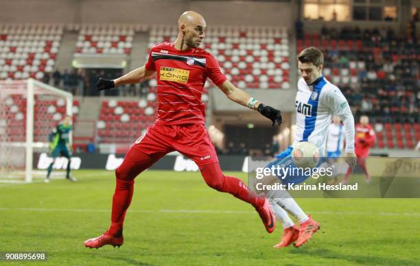 Daniel Brueckner of Erfurt challenges Bjoern Rother of Magdeburg during the 3.Liga match between FC Rot Weiss Erfurt and 1.FC Magdeburg at Arena...