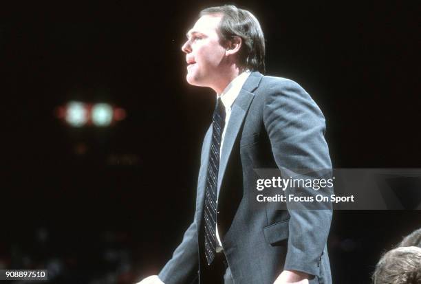 Head coach George Karl of the Cleveland Cavaliers looks on against the Washington Bullets during an NBA basketball game circa 1985 at the Capital...