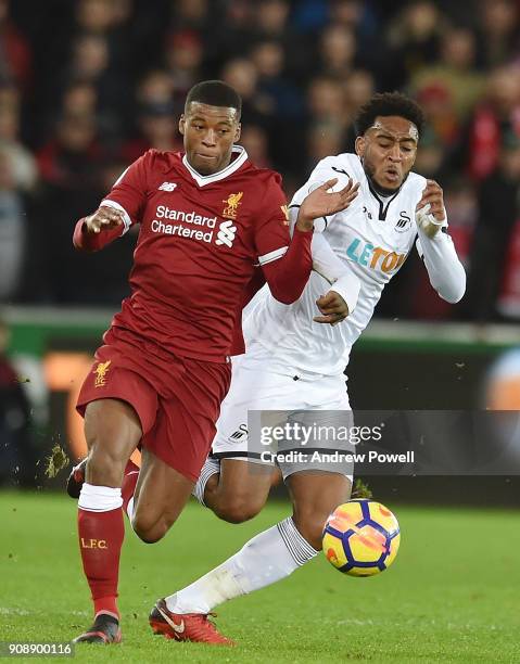 Geroginio Wijnaldum of Liverpool with Leroy Fer of Swansea during the Premier League match between Swansea City and Liverpool at Liberty Stadium on...