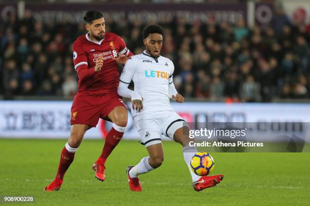 Emre Can of Liverpool challenges Leroy Fer of Swansea City during the Premier League match between Swansea City and Liverpool at The Liberty Stadium...