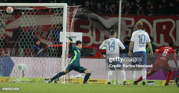 Andre Laurito of Erfurt scores the third goal, Goalkeeper Jan Glinker of Magdeburg without a chance during the 3.Liga match between FC Rot Weiss...