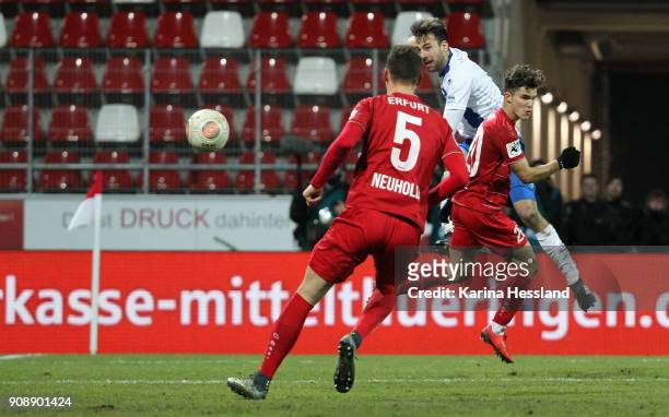 Christian Beck of Magdeburg scores the opening goal during the 3.Liga match between FC Rot Weiss Erfurt and 1.FC Magdeburg at Arena Erfurt on January...