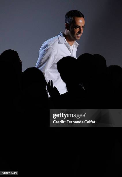 Designer Francisco Costa walks the runway at Calvin Klein Spring 2010 fashion show at 205 West 39th Street on September 17, 2009 in New York, New...