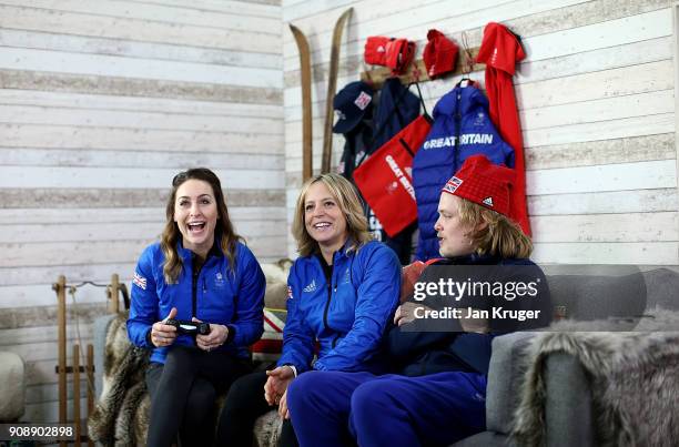 Amy Williams and Jenny Jones play computer games during Team GB Kitting Out Ahead Of Pyeongchang 2018 Winter Olympic Games on January 22, 2018 in...