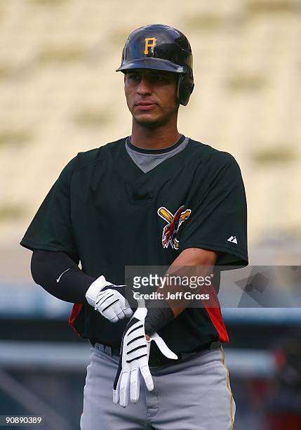 Ronny Cedeno of the Pittsburgh Pirates looks on prior to the game against the Los Angeles Dodgers at Dodger Stadium on September 14, 2009 in Los...