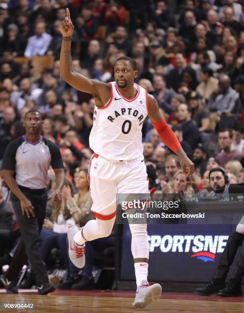 Miles of the Toronto Raptors celebrates after scoring a three-pointer against the Detroit Pistons at Air Canada Centre on January 17, 2018 in...