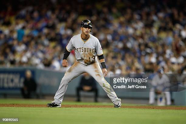 Ronny Cedeno of the Pittsburgh Pirates leads off of first base against the Los Angeles Dodgers at Dodger Stadium on September 14, 2009 in Los...