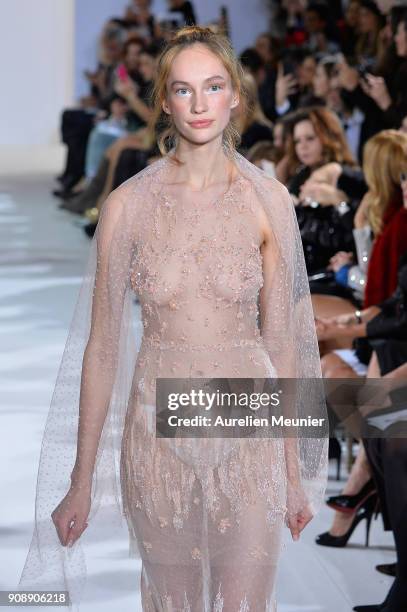 Model walks the runway during the Celia Kritharioti Spring Summer 2018 show as part of Paris Fashion Week on January 22, 2018 in Paris, France.