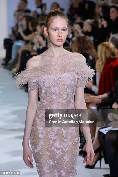 Model walks the runway during the Celia Kritharioti Spring Summer 2018 show as part of Paris Fashion Week on January 22, 2018 in Paris, France.