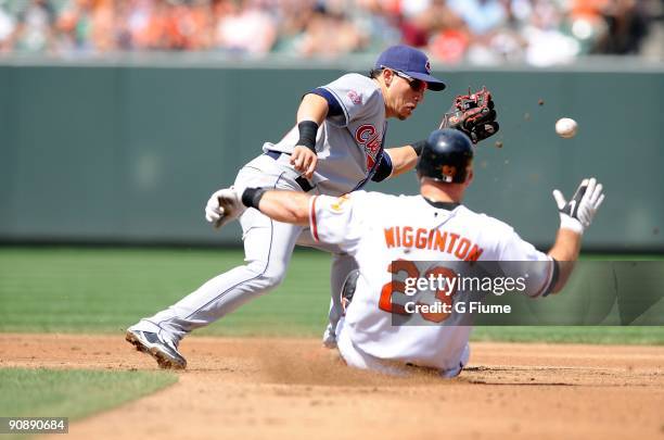 Ty Wigginton of the Baltimore Orioles slides safely into second base ahead of the tag of Asdrubal Cabrera of the Cleveland Indians at Camden Yards on...