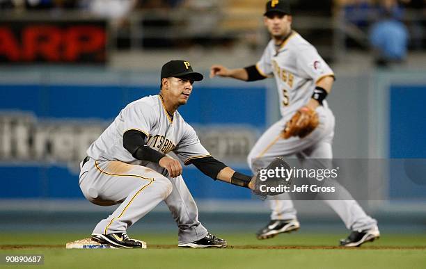 Ronny Cedeno of the Pittsburgh Pirates covers second base during a steal attempt against the Los Angeles Dodgers at Dodger Stadium on September 14,...